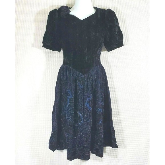 Jessica McClintock Gunne Sax Dress 12 Black Crushed Velvet Blue Prom Cocktail - Picture 2 of 12